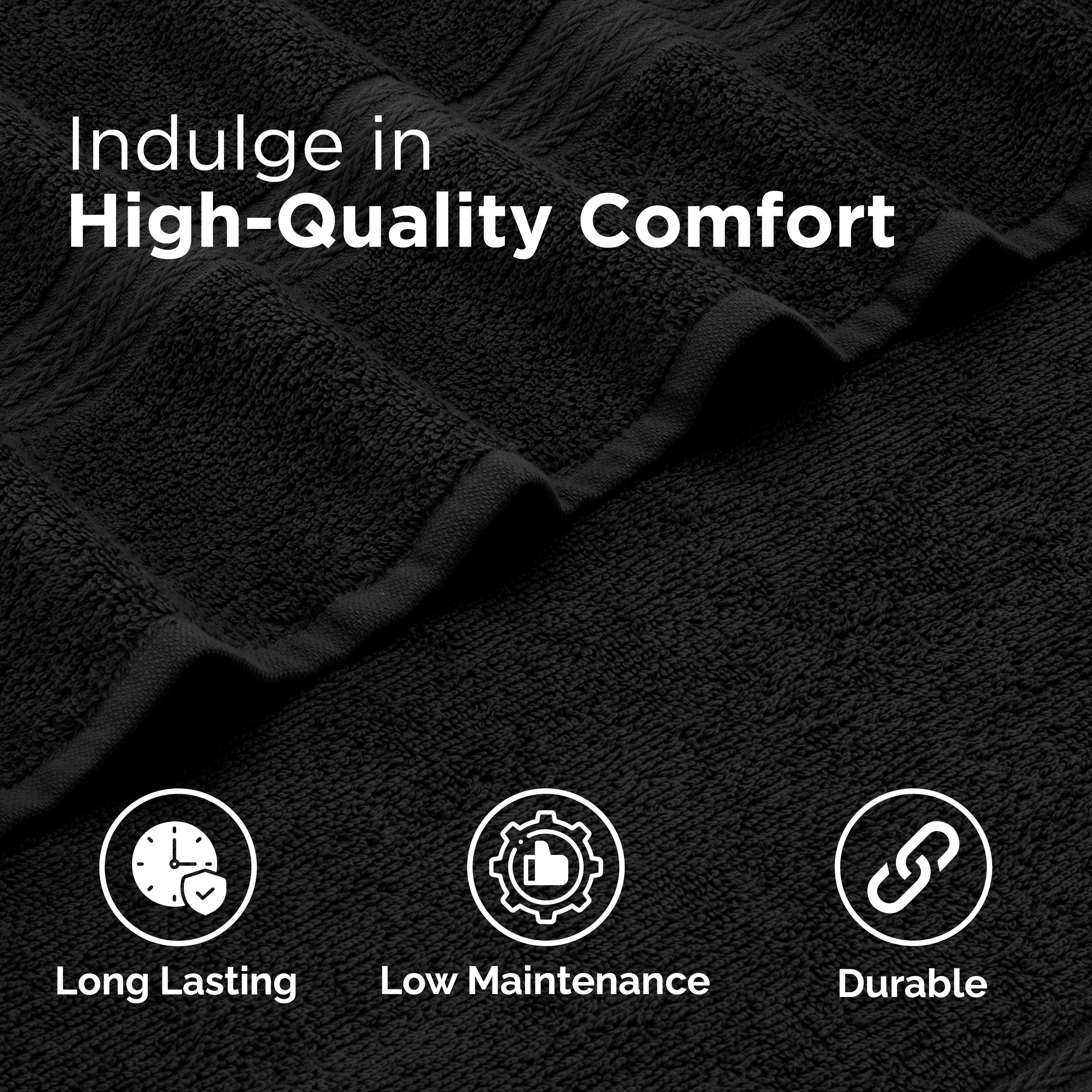 Black textured towel fabric with icons indicating long-lasting, low maintenance, and durable qualities.
