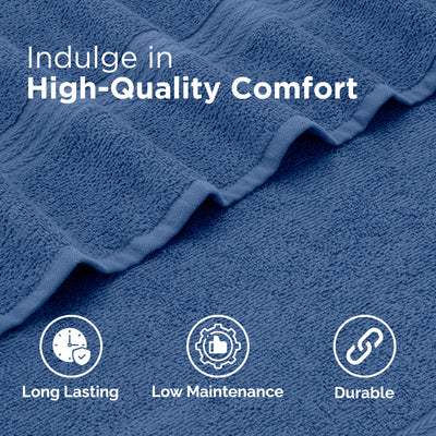 Soft blue towels with textured design, featuring icons for durability, low maintenance, and long-lasting quality.