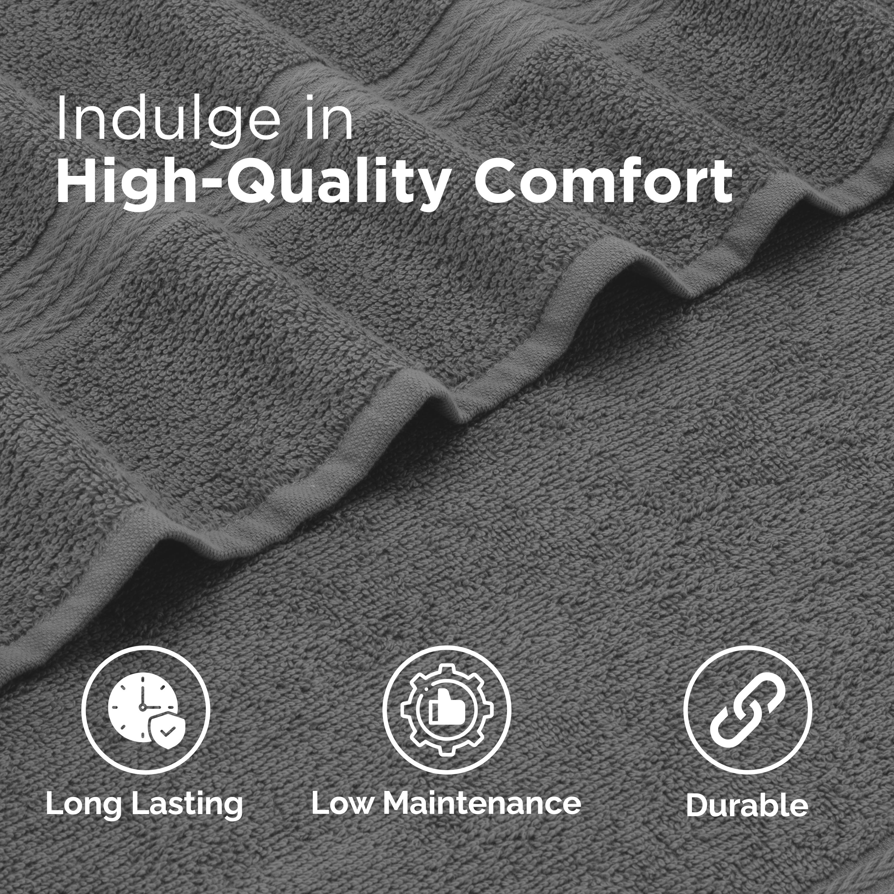 Gray towels with textured detailing, featuring icons for long-lasting, low maintenance, and durable qualities.