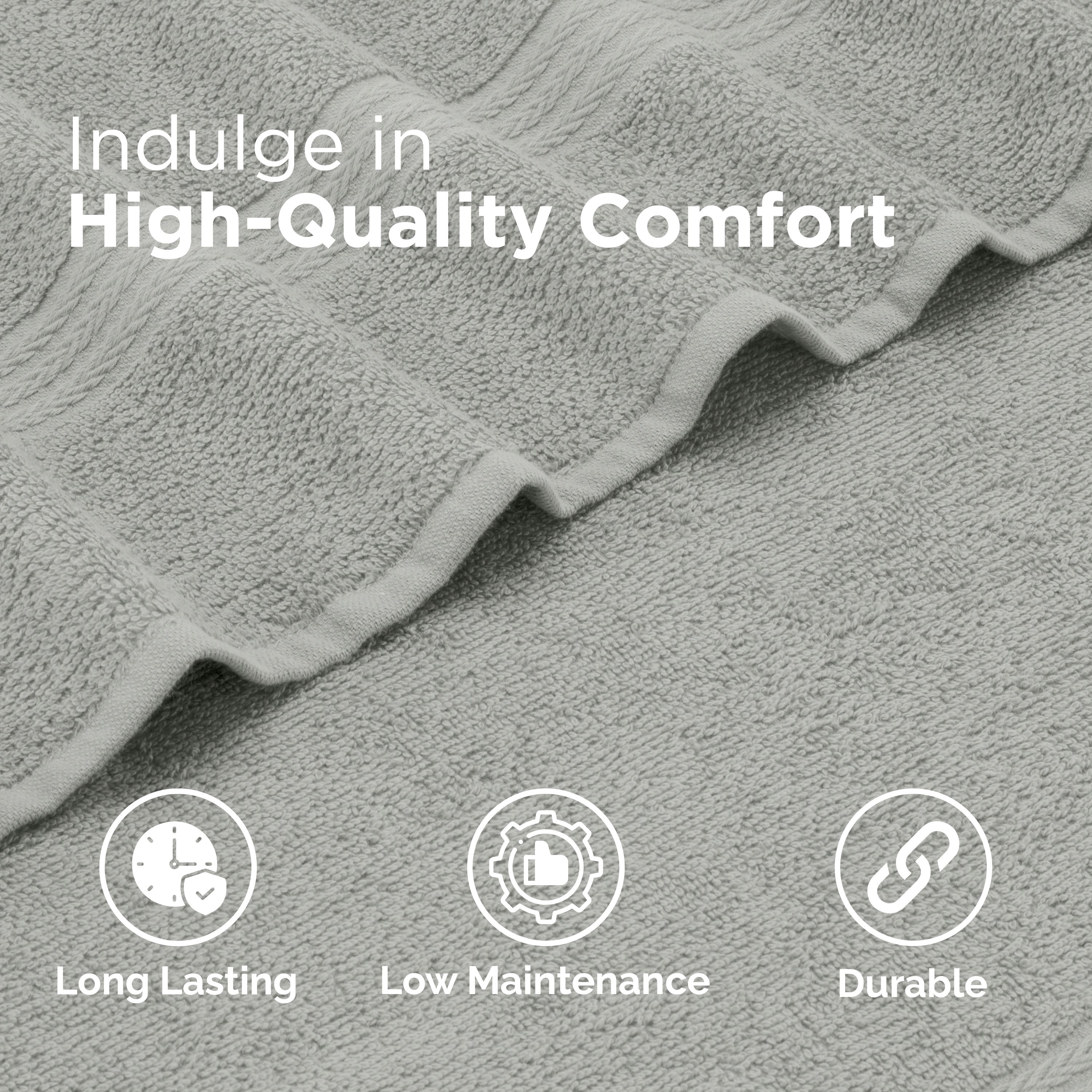 Soft gray towels with a textured design, showcasing durability and low maintenance features.