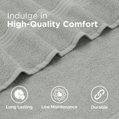 Soft gray towels with a textured design, showcasing durability and low maintenance features.