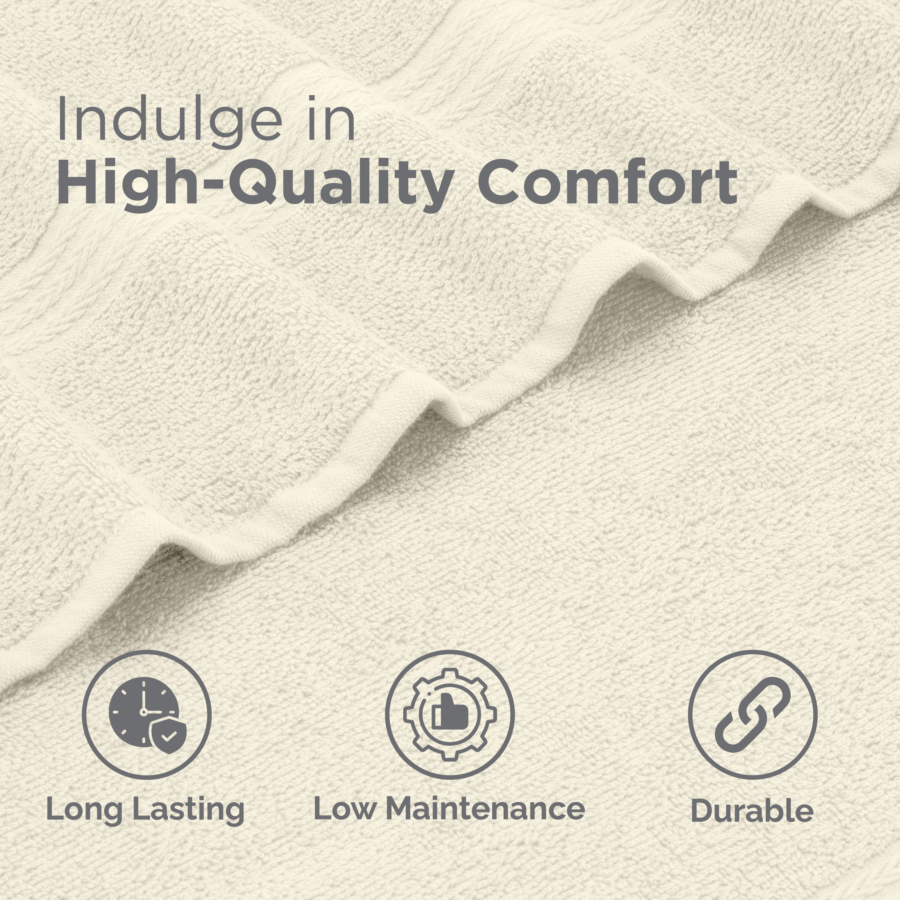 Textured fabric in a neutral color with icons indicating durability, low maintenance, and long-lasting quality.
