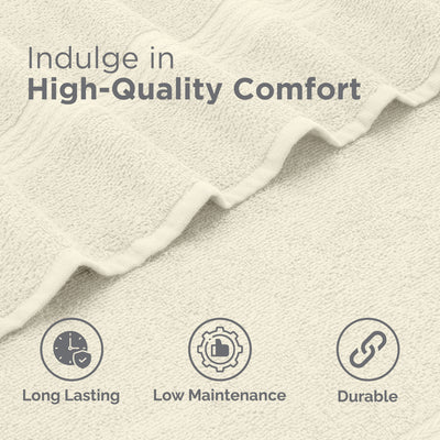 Textured fabric in a neutral color with icons indicating durability, low maintenance, and long-lasting quality.