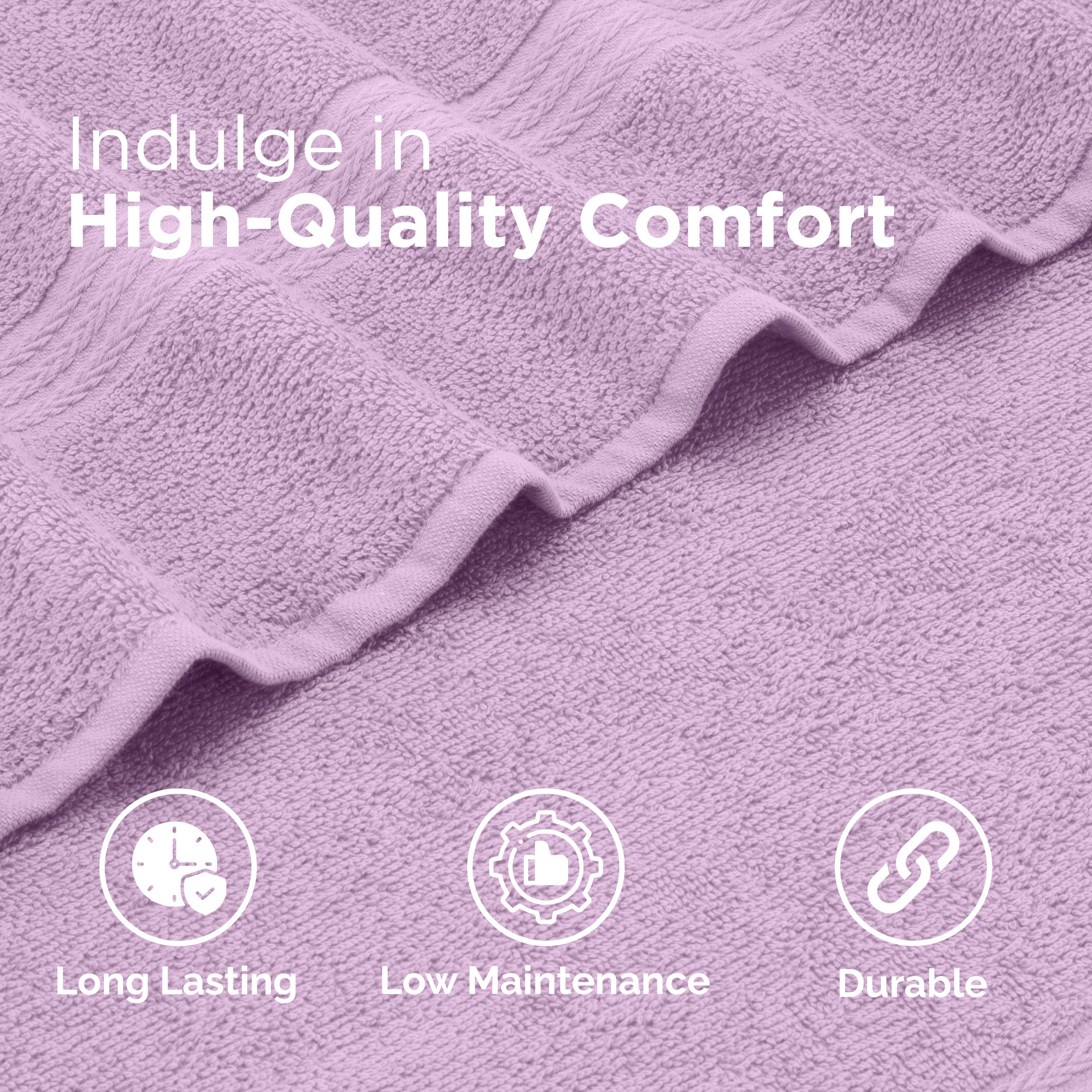 Lavender towels with textured detailing, showcasing softness and durability.