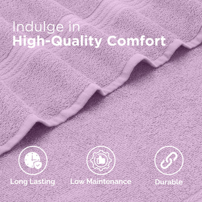 Lavender towels with textured detailing, showcasing softness and durability.