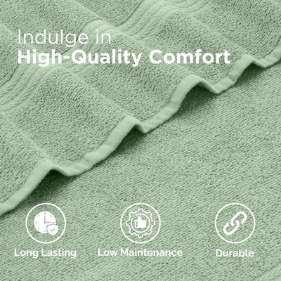 Soft green towels with textured design, showcasing durability and low maintenance features.
