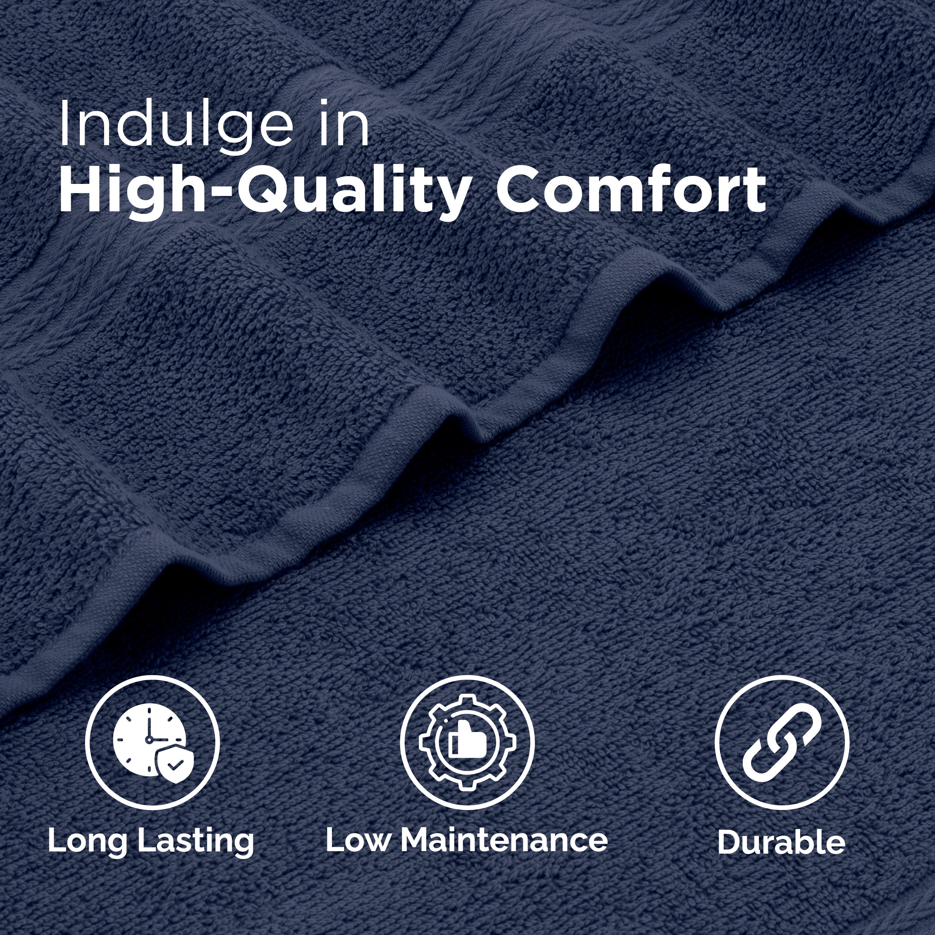 Navy blue towels with textured design, showcasing softness and durability features.