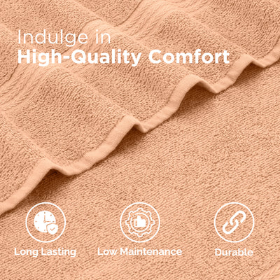 Peach-colored towel fabric with textured pattern and icons indicating durability, low maintenance, and longevity.
