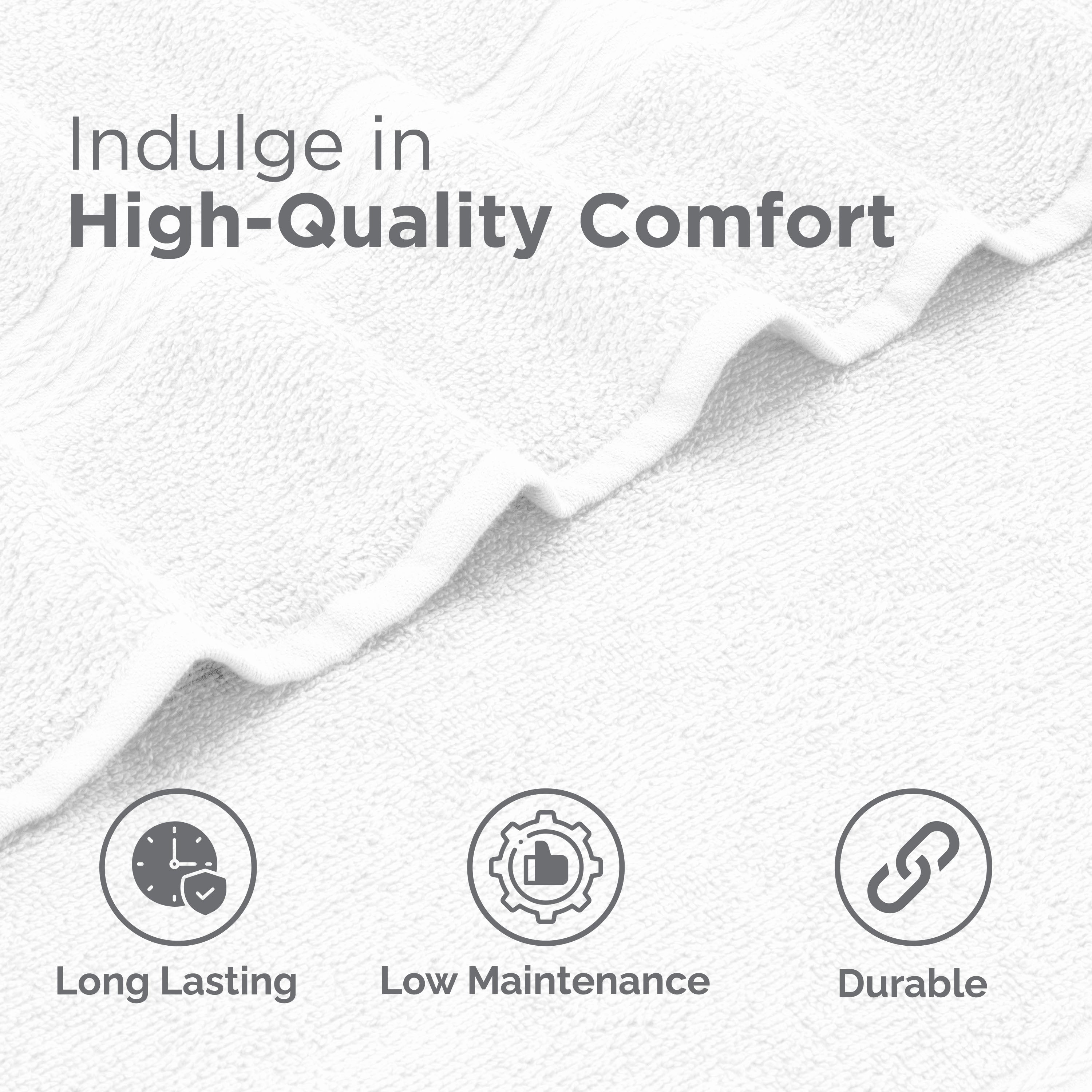 White towels with a textured pattern, accompanied by icons indicating durability, low maintenance, and longevity.