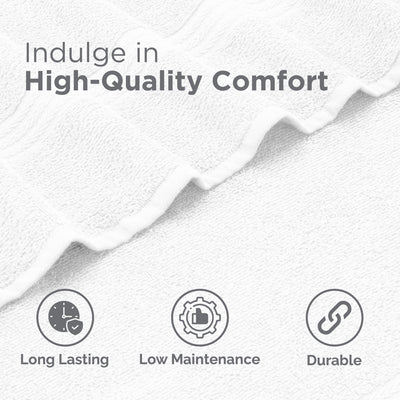 White towels with a textured pattern, accompanied by icons indicating durability, low maintenance, and longevity.