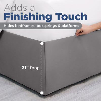 Gray bed skirt with a 21-inch drop, designed to cover bedframes and box springs.
