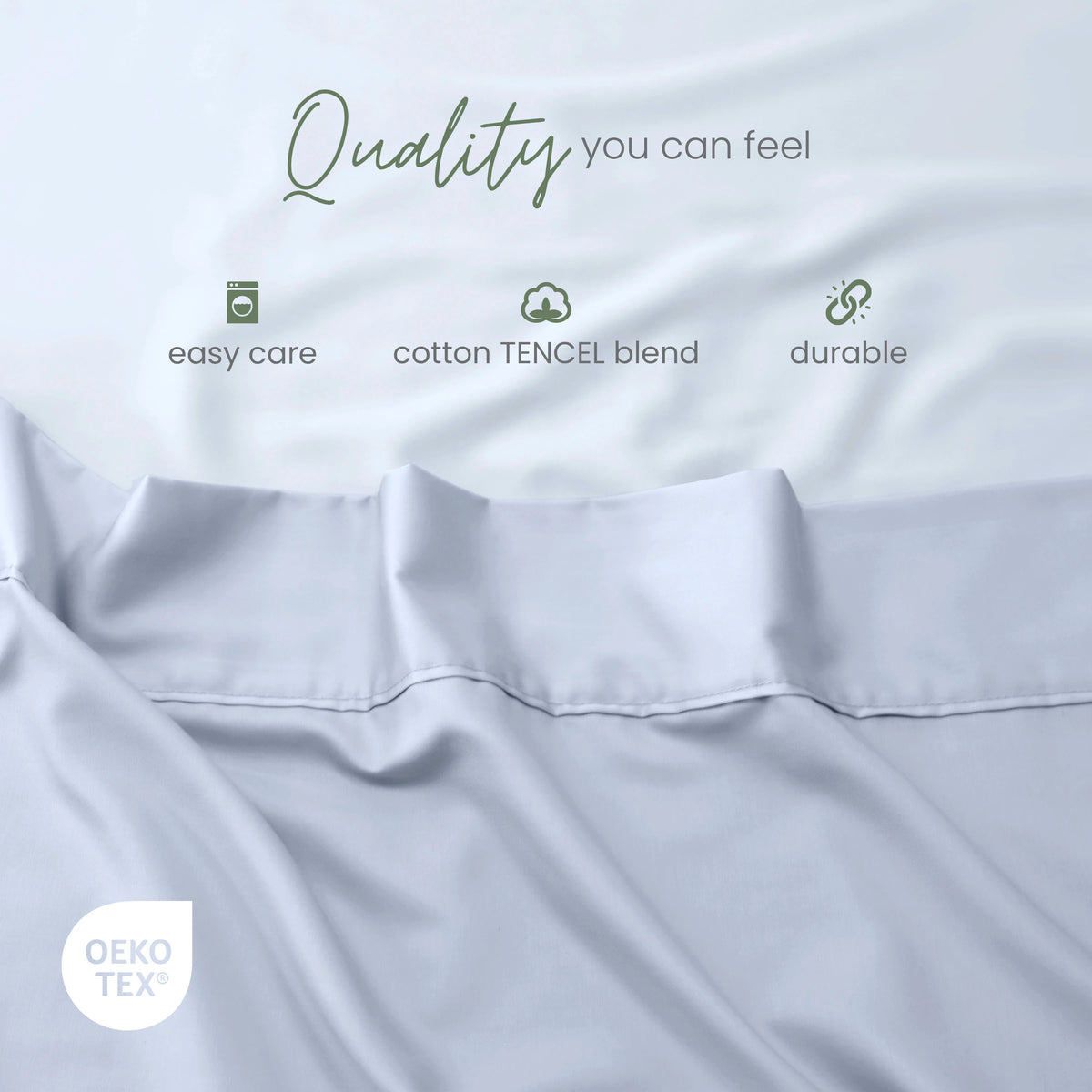 Blue fabric with white text overlays reading 'Quality you can feel', 'easy care', 'cotton TENCEL blend', and 'durable', plus an OEKO-TEX certification badge.