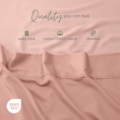 Clay fabric with white text overlays reading 'Quality you can feel', 'easy care', 'cotton TENCEL blend', and 'durable', plus an OEKO-TEX certification badge.