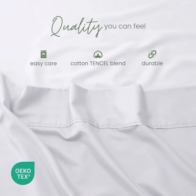 White fabric with white text overlays reading 'Quality you can feel', 'easy care', 'cotton TENCEL blend', and 'durable', plus an OEKO-TEX certification badge.