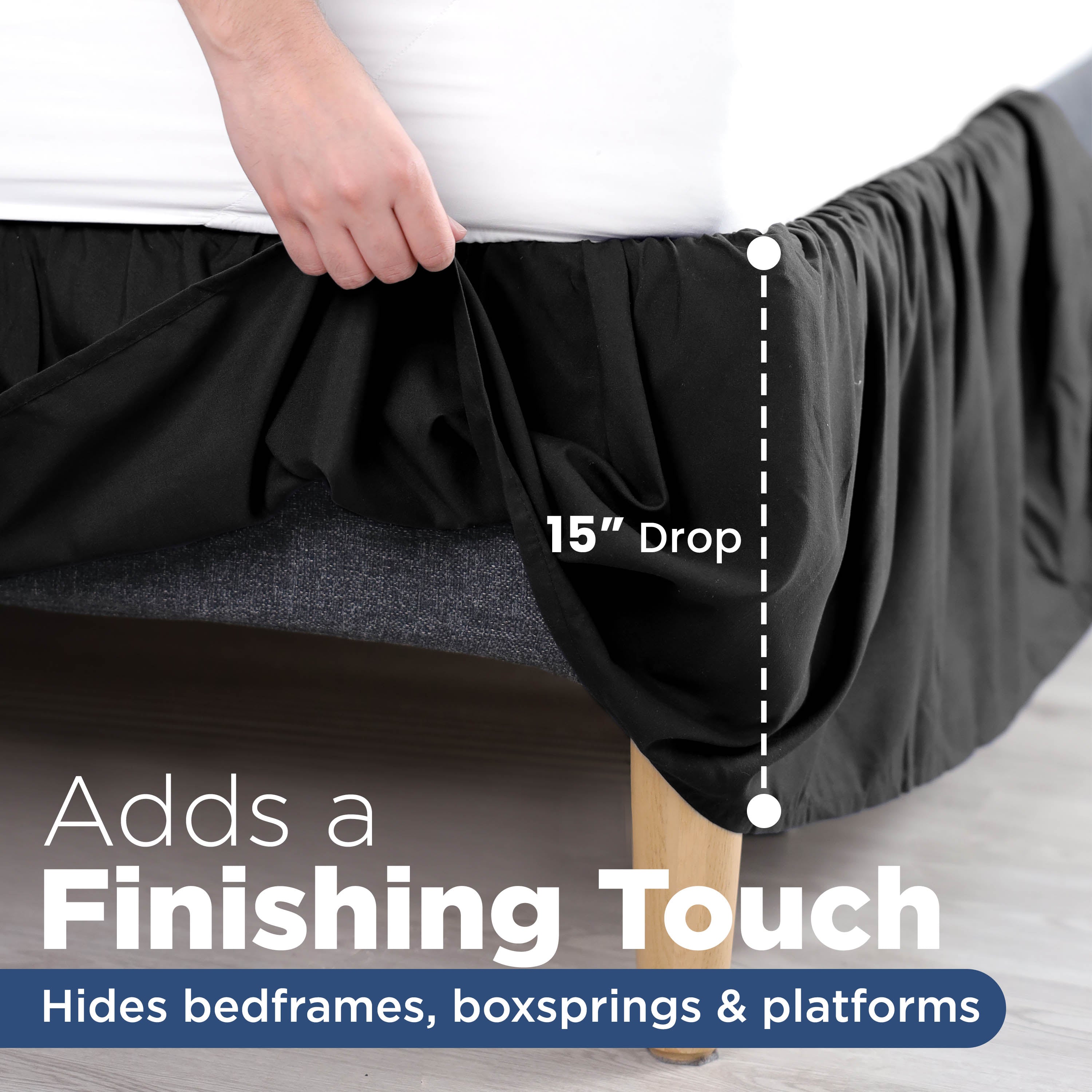Black ruffle bed skirt with a 15-inch drop, covering bed frames and box springs.