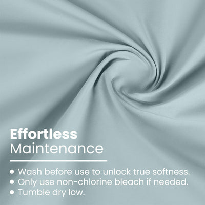 Light blue fabric with a swirl pattern, featuring care instructions for maintenance.