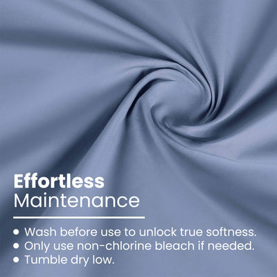 Soft blue fabric with a smooth texture, featuring care instructions for maintenance.