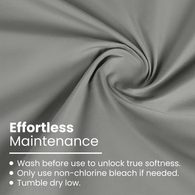 Gray fabric with a swirl pattern and maintenance instructions in white text.