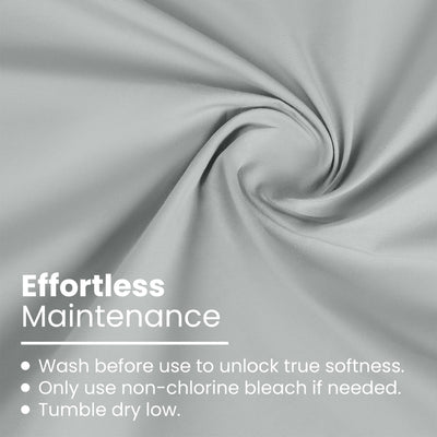 Light gray fabric with a smooth texture, featuring care instructions for maintenance.