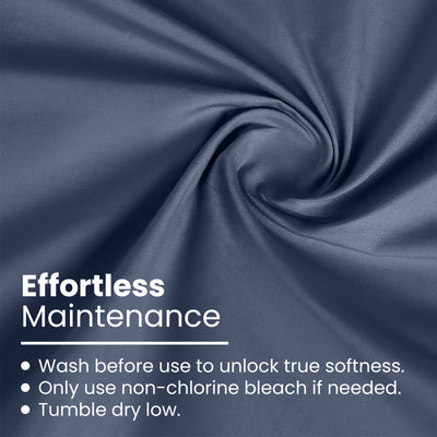 Navy blue fabric with care instructions for washing and maintenance displayed in white text.
