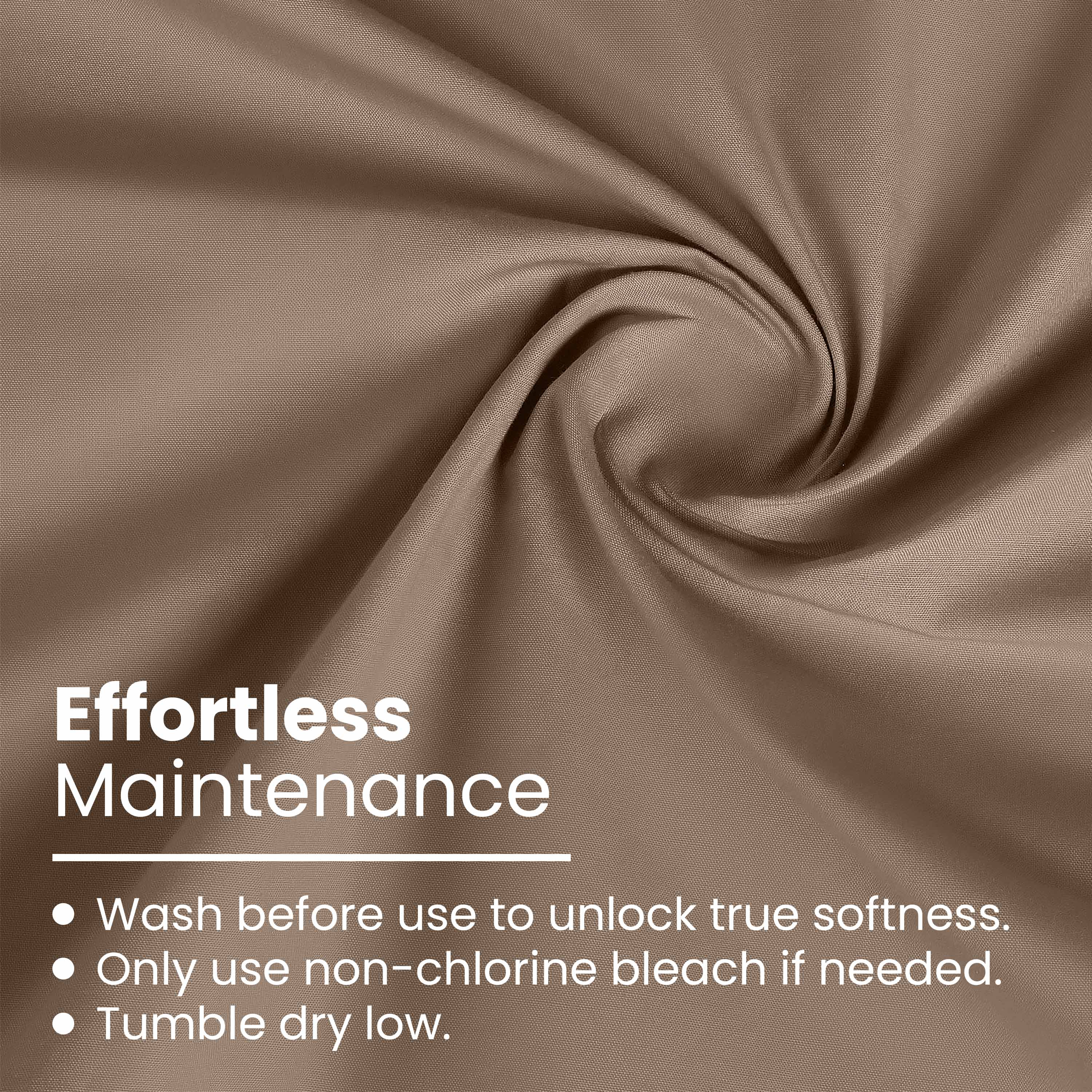 Brown fabric with a smooth texture, featuring care instructions for maintenance.