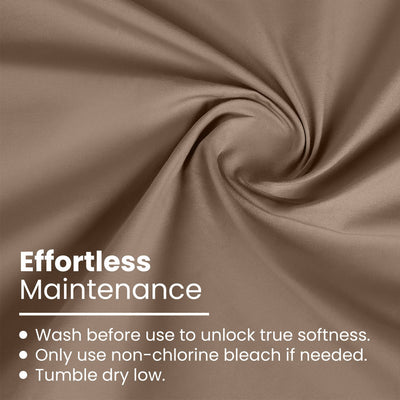 Brown fabric with a smooth texture, featuring care instructions for maintenance.