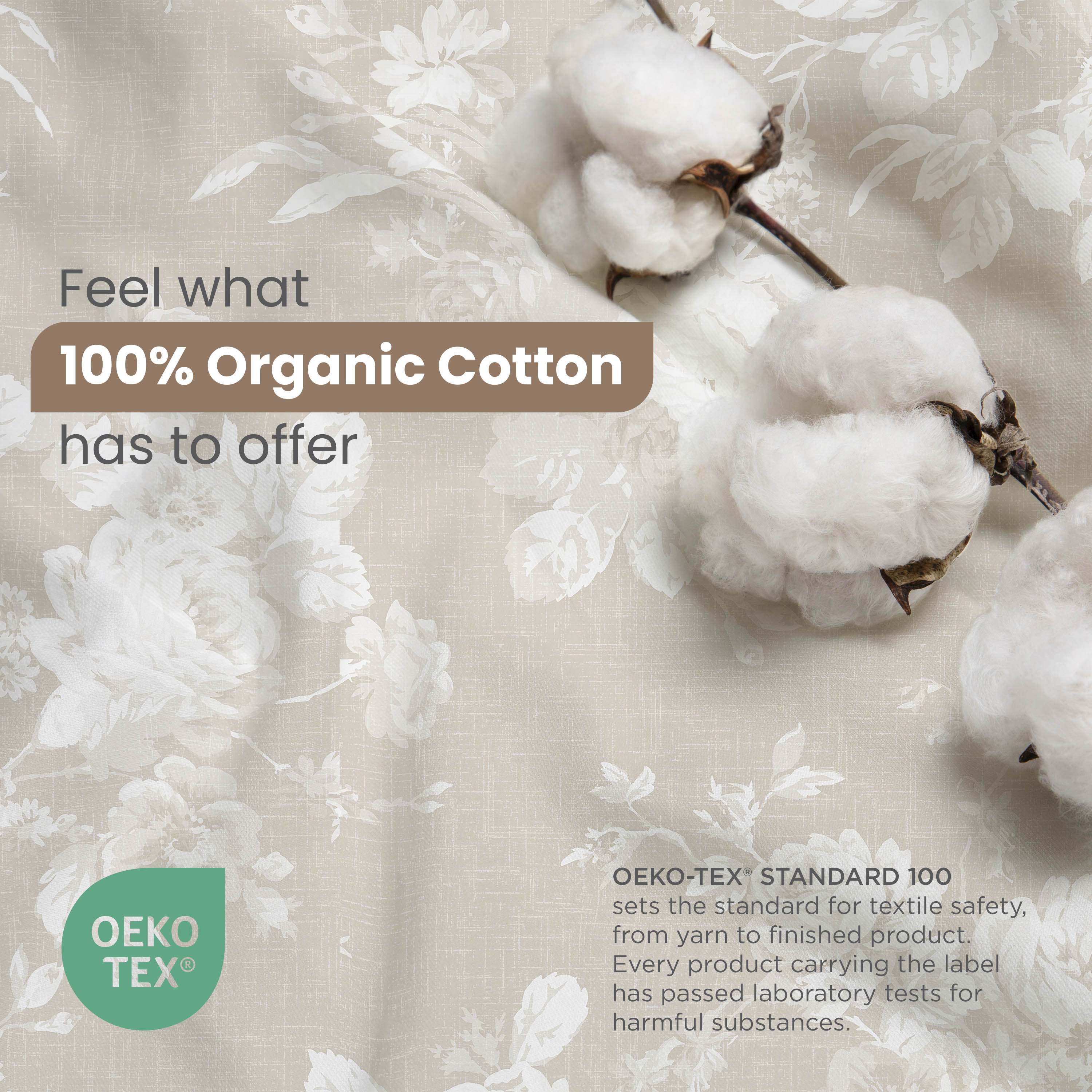 Close-up of organic cotton with text about 100% organic cotton and OEKO-TEX certification.