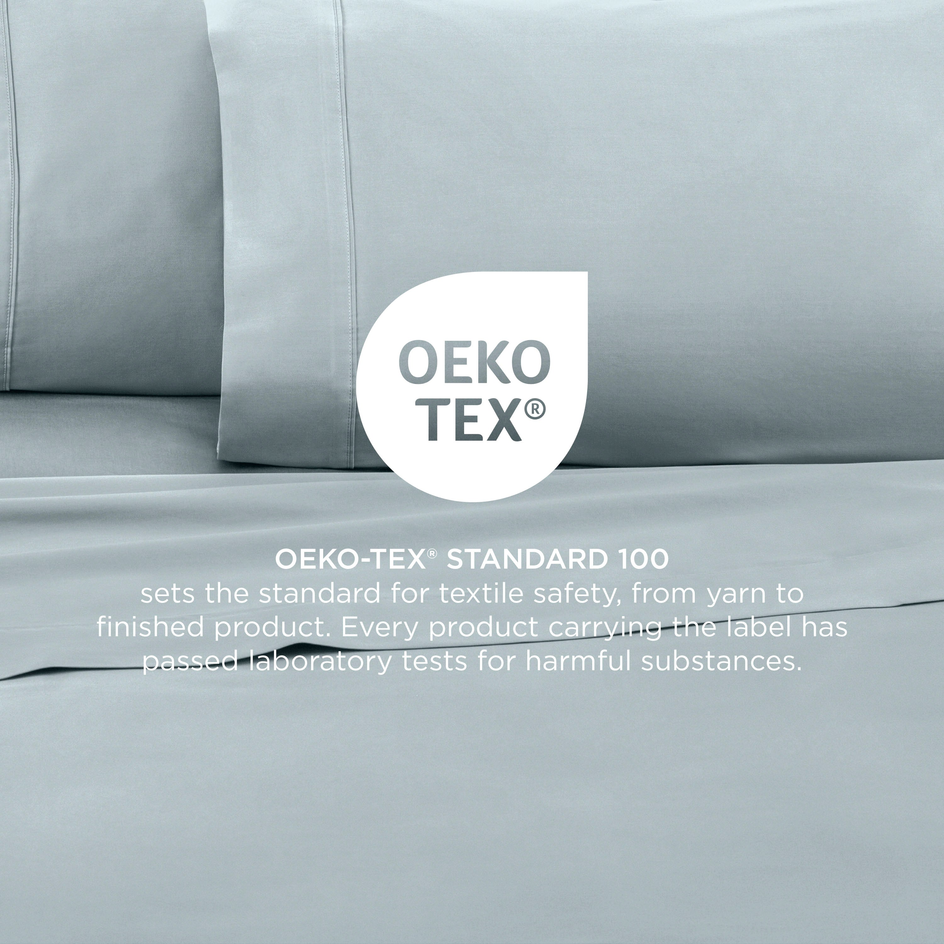 Light blue cotton sheets with Oeko-Tex certification for textile safety.