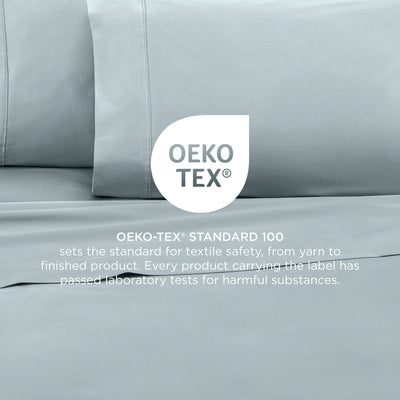 Light blue cotton sheets with Oeko-Tex certification for textile safety.