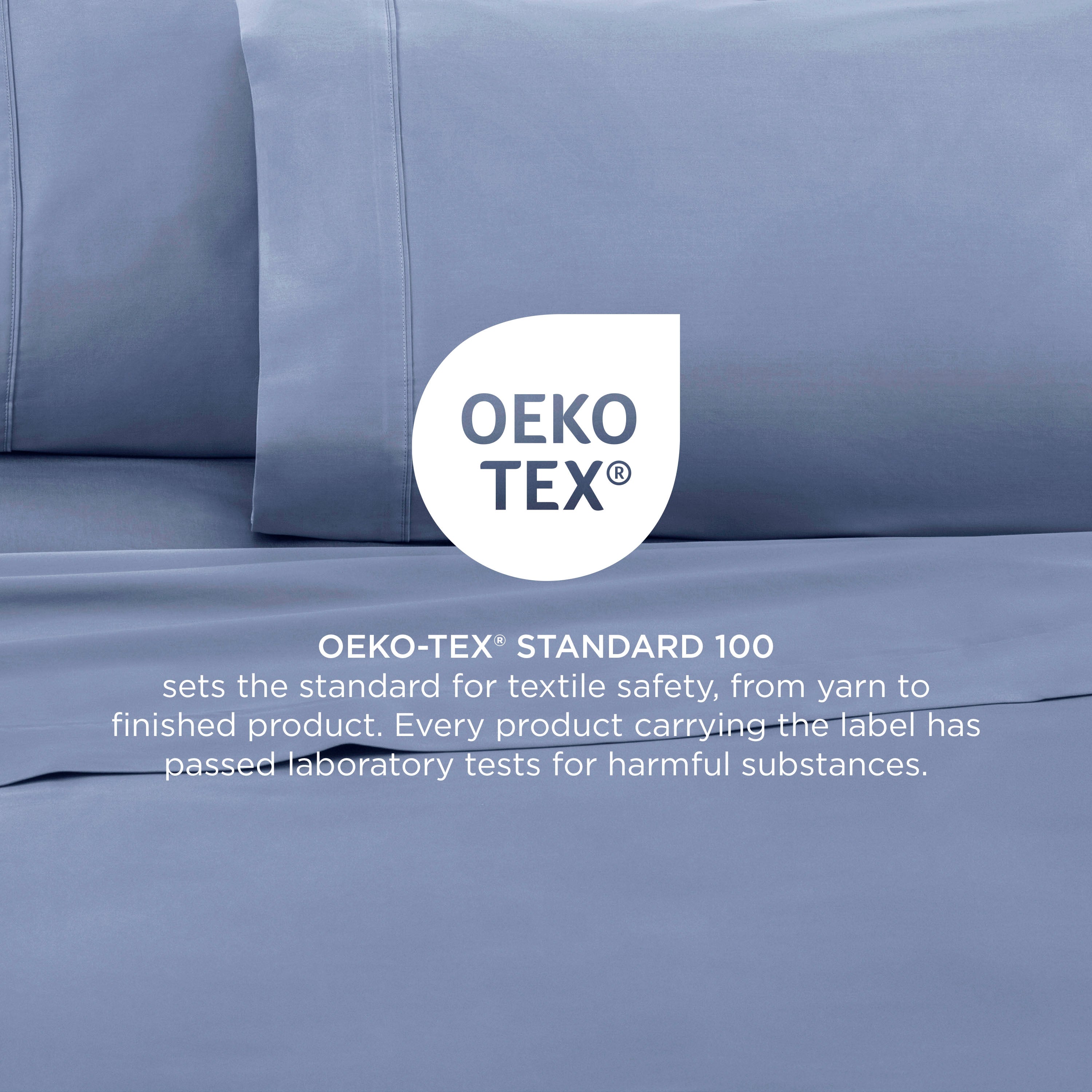 Light blue cotton sheets with Oeko-Tex certification for textile safety, featuring a smooth finish and clean seams.