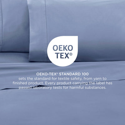 Light blue cotton sheets with Oeko-Tex certification for textile safety, featuring a smooth finish and clean seams.