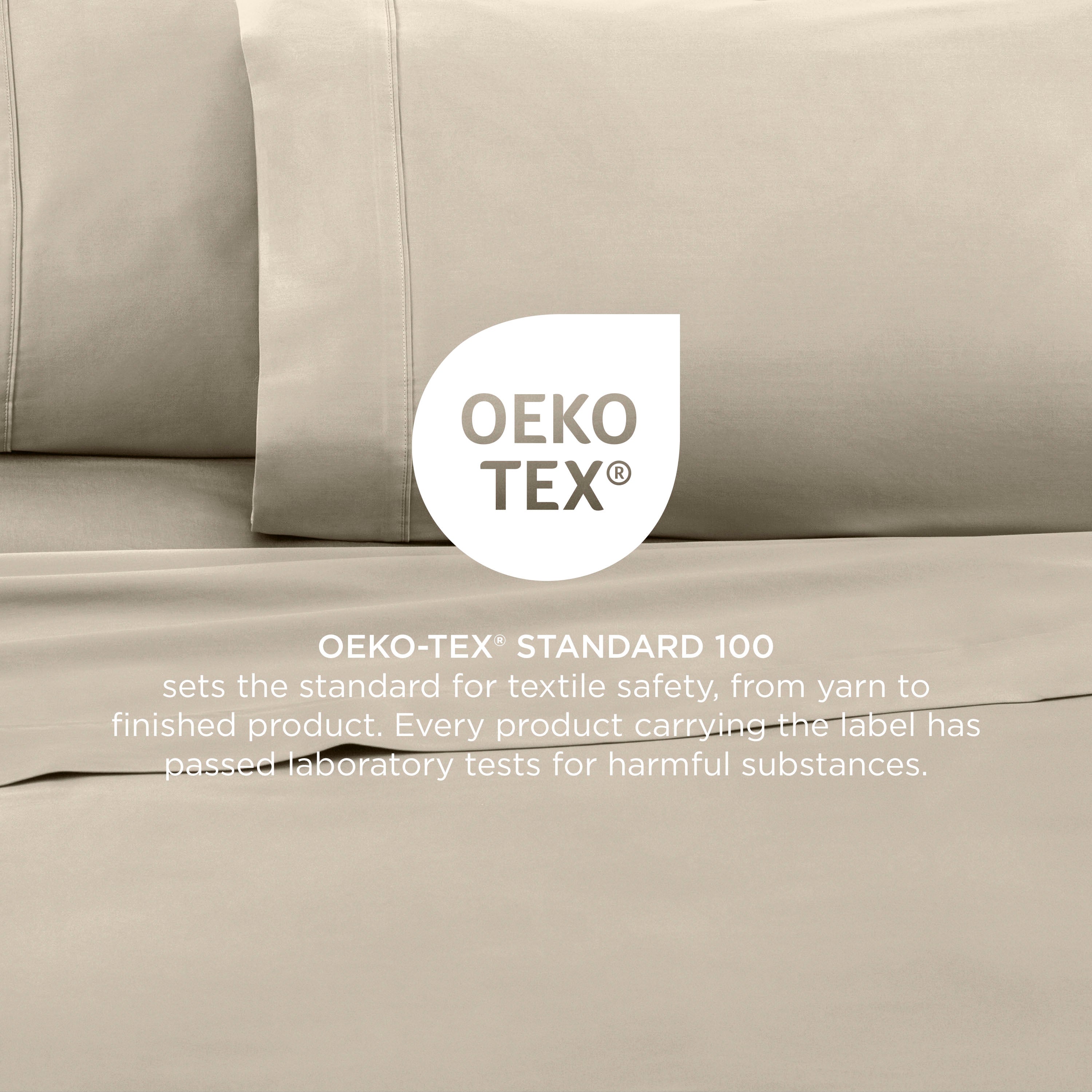 Light beige cotton sheets with Oeko-Tex certification for textile safety and harmful substance testing.