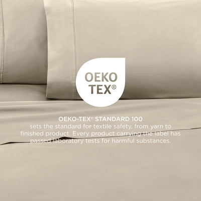 Light beige cotton sheets with Oeko-Tex certification for textile safety and harmful substance testing.