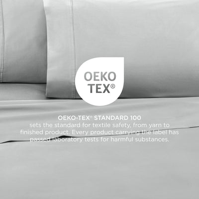 Gray cotton sheets with Oeko-Tex certification for textile safety and harmful substance testing.