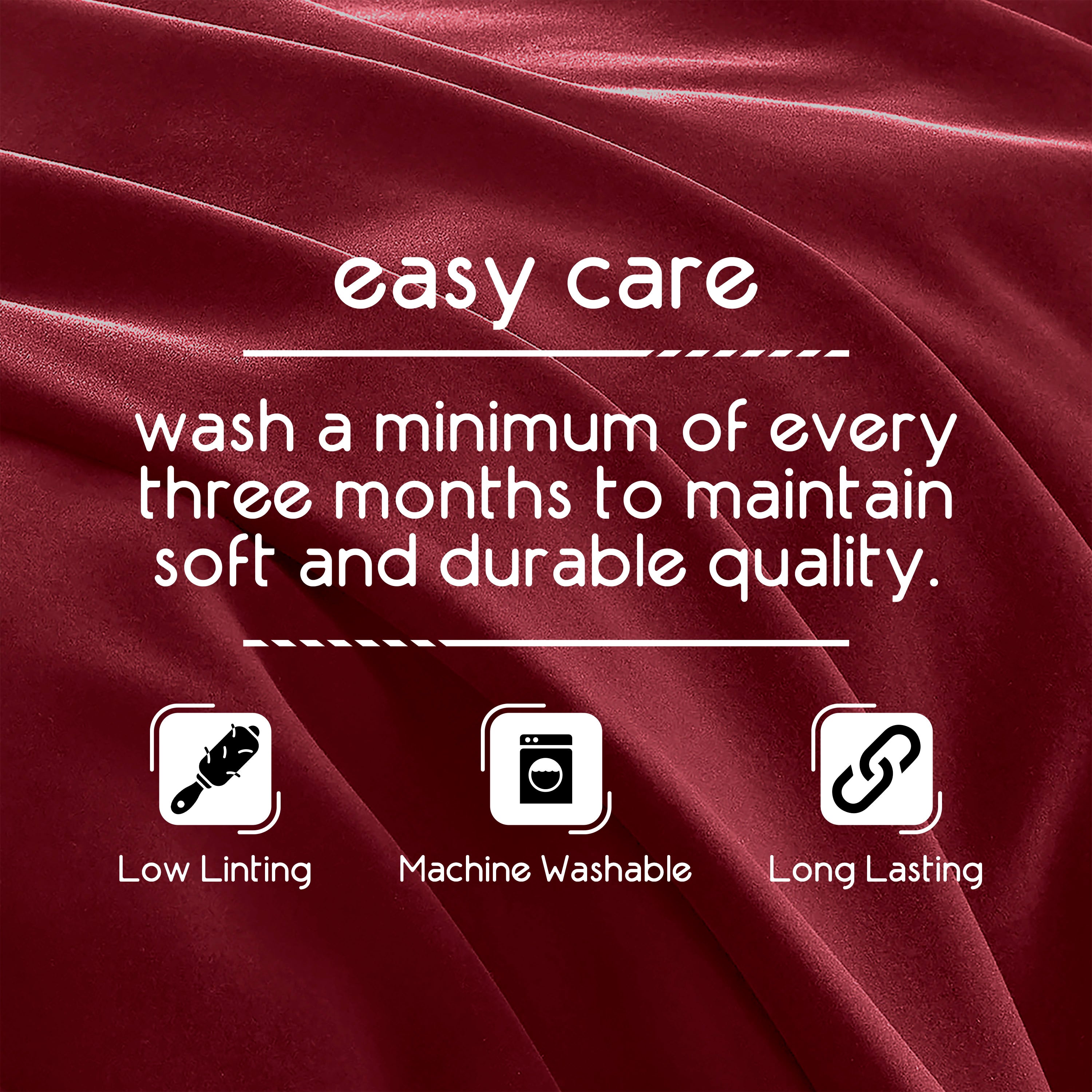 Text on a red fabric background detailing care instructions for a blanket, including washing frequency and features.