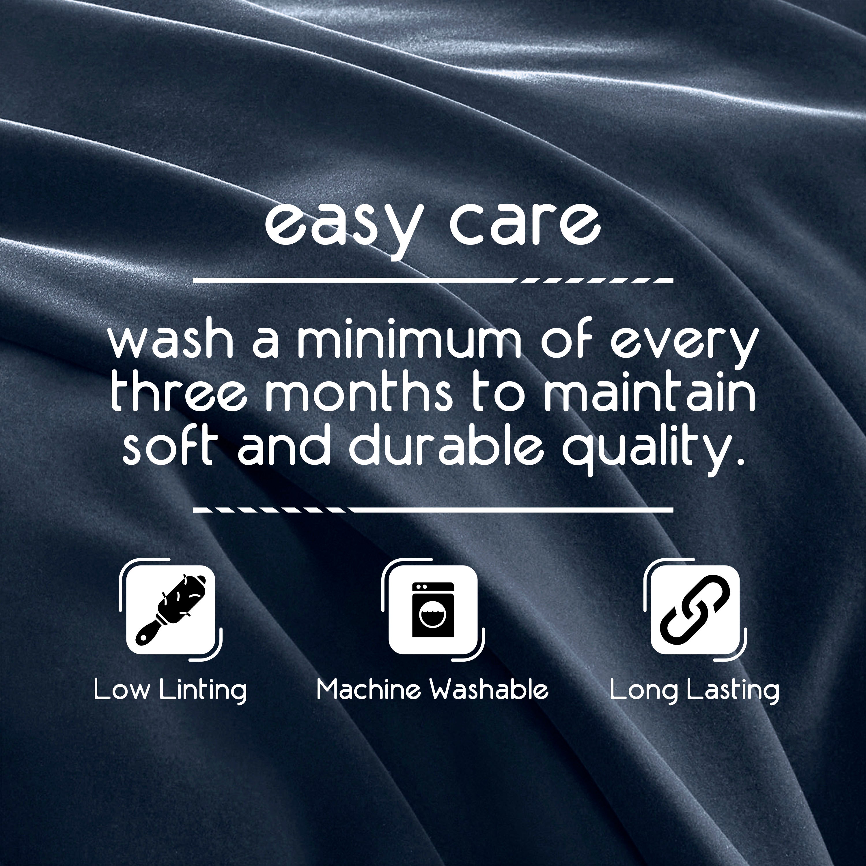 Text on a dark fabric background detailing care instructions for a blanket, including washing frequency and care icons.
