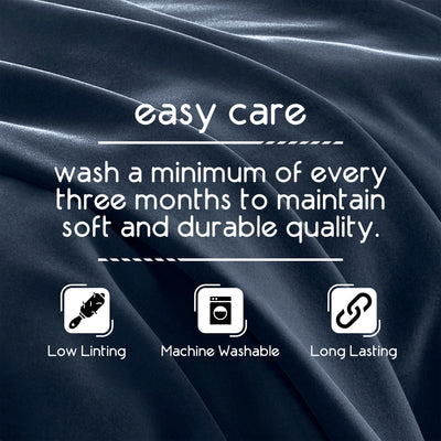 Text on a dark fabric background detailing care instructions for a blanket, including washing frequency and care icons.