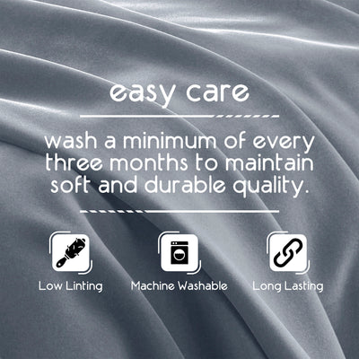 Text on a soft, gray fabric background detailing care instructions for a blanket, including washing frequency and features.