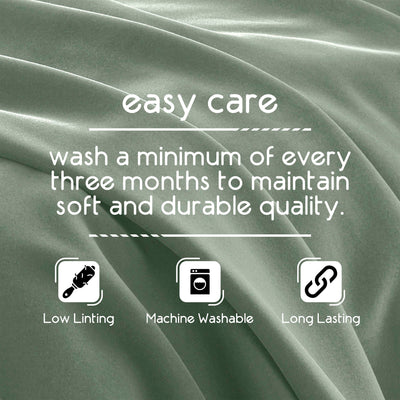 Text on a soft fabric background detailing care instructions for a blanket, emphasizing machine washability and durability.