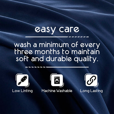 Text on a dark fabric background detailing care instructions for a blanket, emphasizing low lint, machine washability, and du