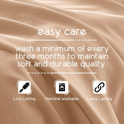Care instructions for a soft, durable blanket, emphasizing low linting, machine washability, and long-lasting quality.