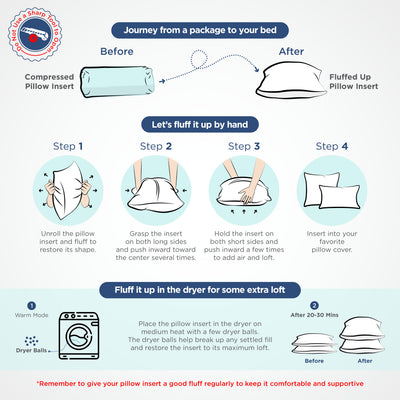 Instructions for fluffing a pillow insert, including steps for hand fluffing and using a dryer for added loft.