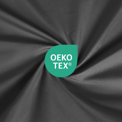 Dark gray fabric with a smooth texture featuring an Oeko-Tex certification logo.
