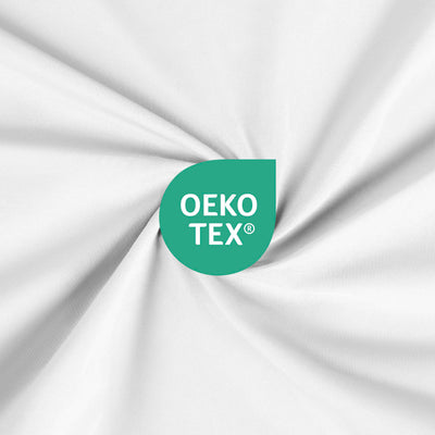 White fabric with a smooth texture and an Oeko-Tex certification logo in the bottom right corner.