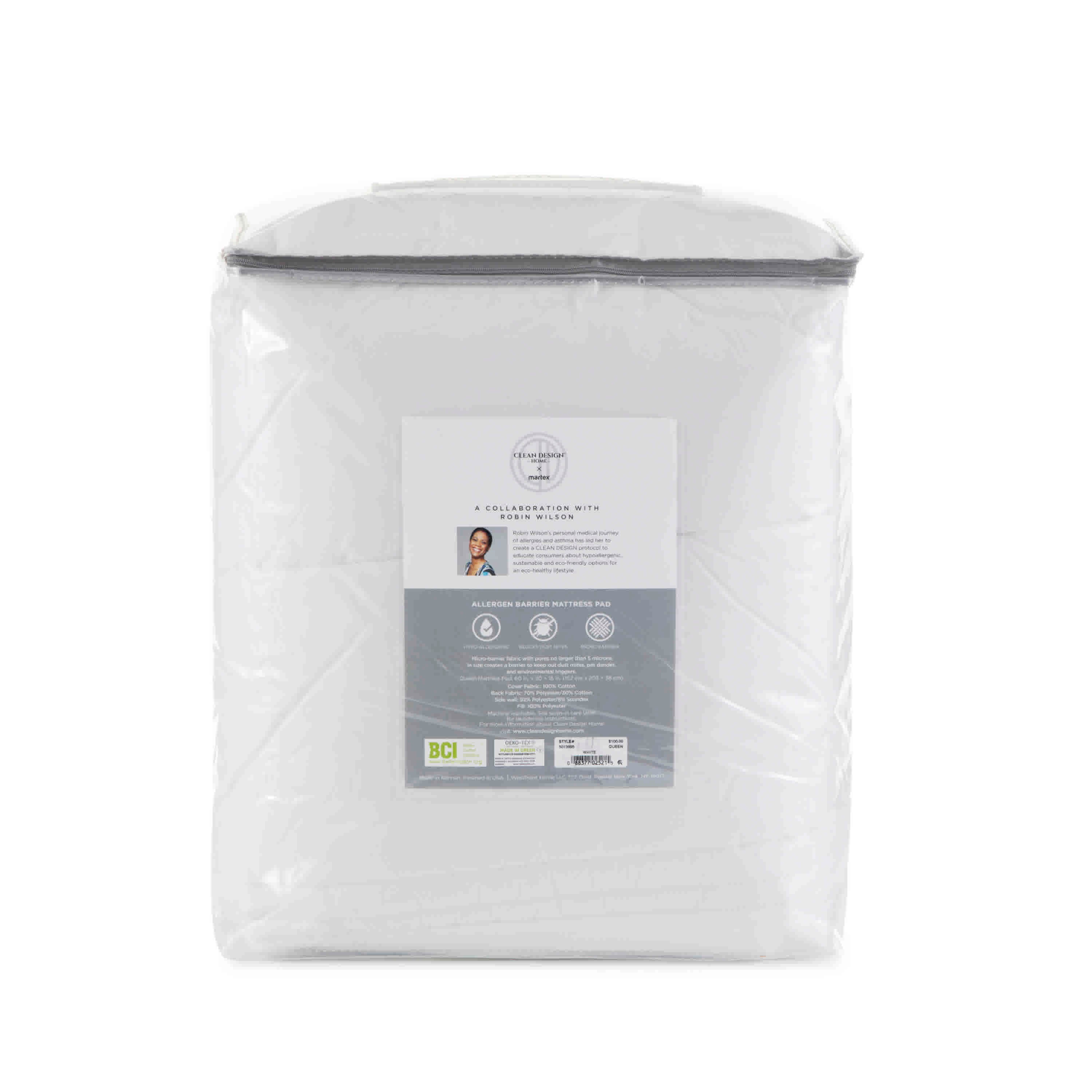 White allergen-barrier mattress pad in packaging with care instructions and branding on the front.