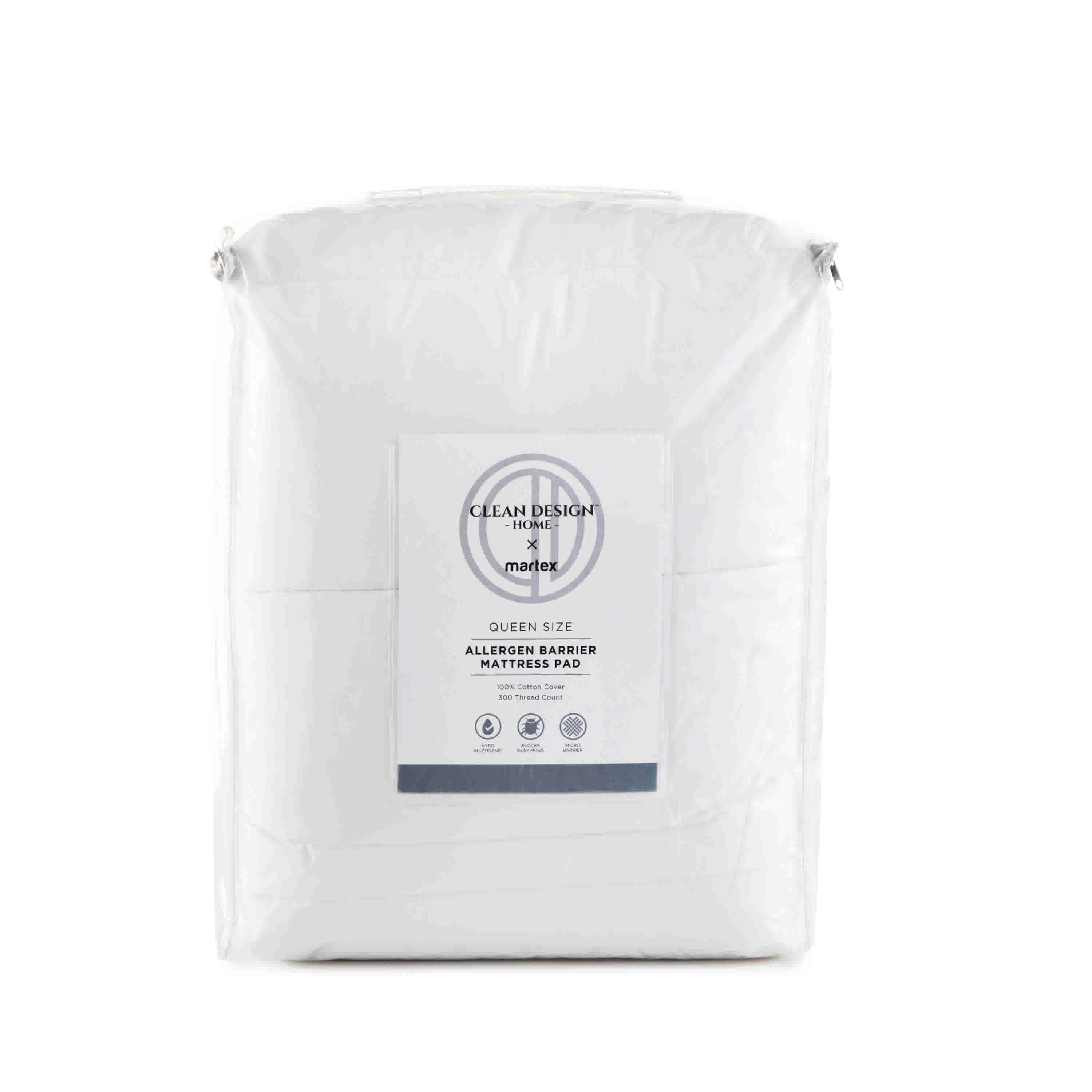 Queen size allergen barrier mattress pad in a white packaging with a label detailing its features.