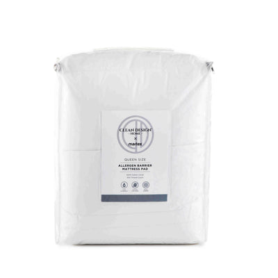 Queen size allergen barrier mattress pad in a white packaging with a label detailing its features.