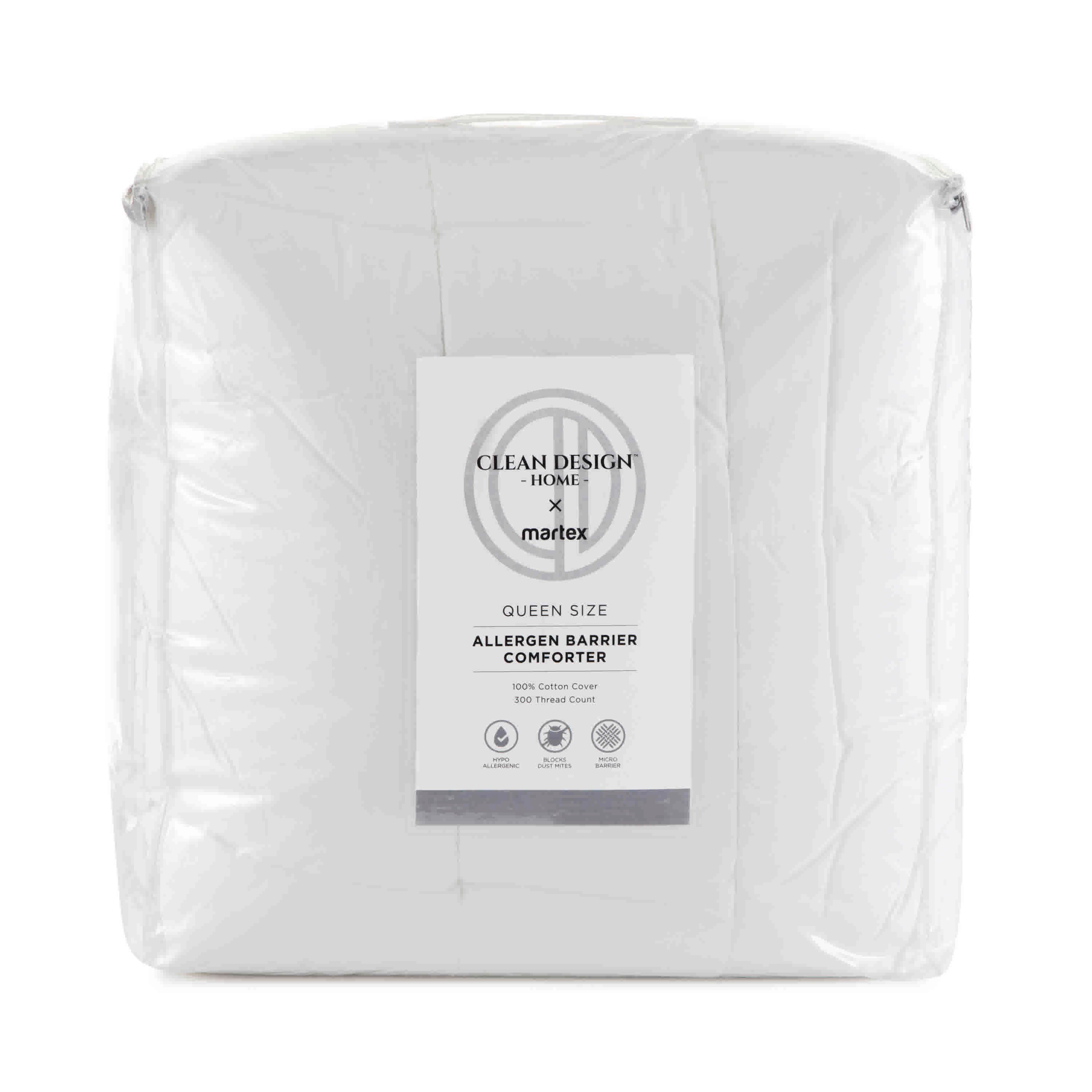 White queen-size comforter with allergen barrier, featuring a 100% cotton cover and 300 thread count.