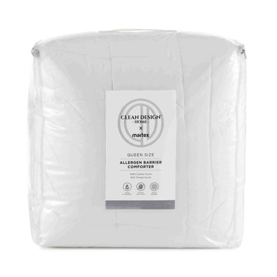 White queen-size comforter with allergen barrier, featuring a 100% cotton cover and 300 thread count.
