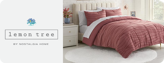 Bedroom scene with red comforter and 'Lemon Tree by Nostalgia Home' branding.